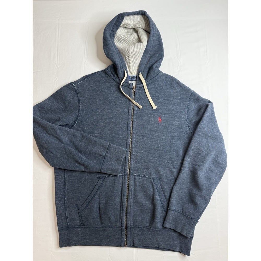 Polo Ralph Lauren Full Zip Hoodie Mens L Blue Red Pony Logo Waffle Lined Hood